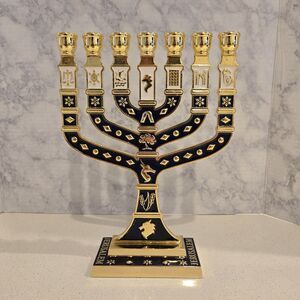 Large 7 Branch 12 Tribes Dark Blue & Gold Enamel Menorah 10"